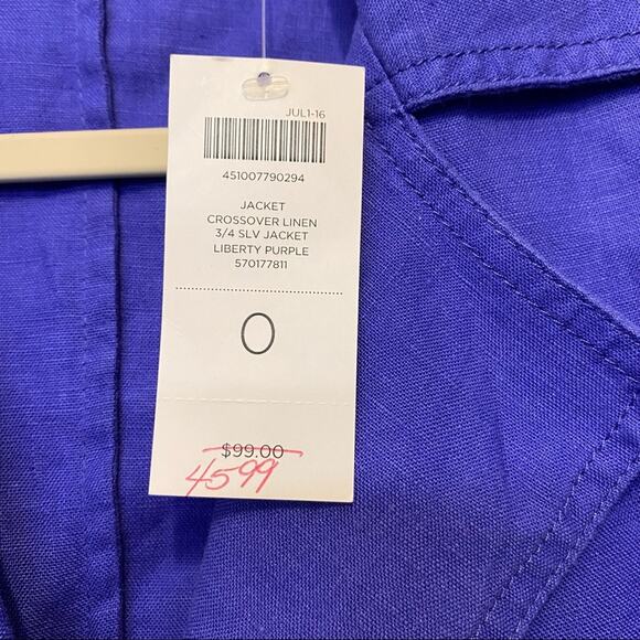 Chicos Light Weight Linen Crossover Jacket Blazer Pockets 3/4 Sleeve Purple Sz 0 - Picture 4 of 7